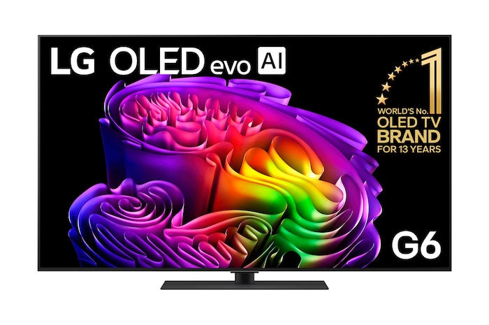 The front view of the LG OLED evo AI G6, released in 2026, displays an image of layered, multicolored forms, featuring Hyper Radiant Color Tech, Perfect Black & Perfect Color, along with the World’s No.1 OLED TV for 13 Years badge.