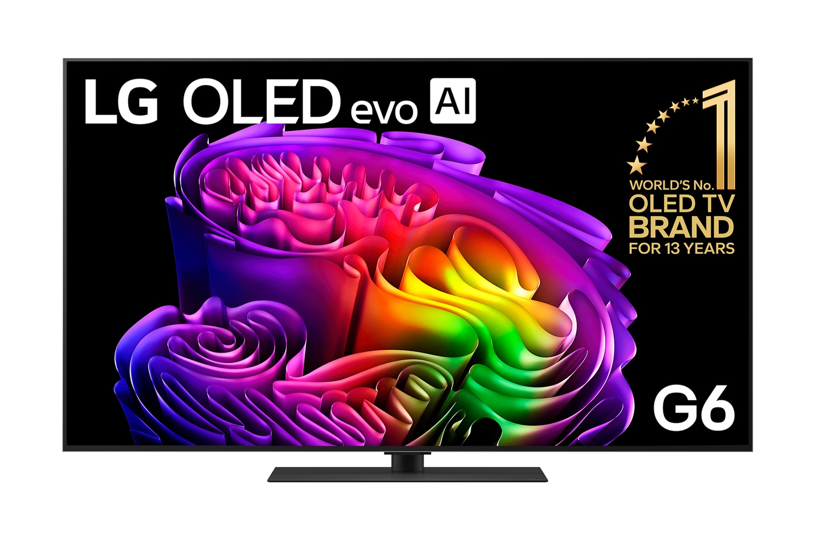 The front view of the LG OLED evo AI G6, released in 2026, displays an image of layered, multicolored forms, featuring Hyper Radiant Color Tech, Perfect Black & Perfect Color, along with the World’s No.1 OLED TV for 13 Years badge.