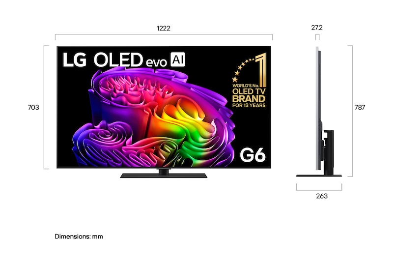 LG OLED evo AI G6 shown in front and side views highlights an 83-inch display with a 1847 mm-wide screen, 1057 mm screen height, 1115 mm height with stand, a 28 mm depth, and a stand footprint measuring 501 by 321 mm.