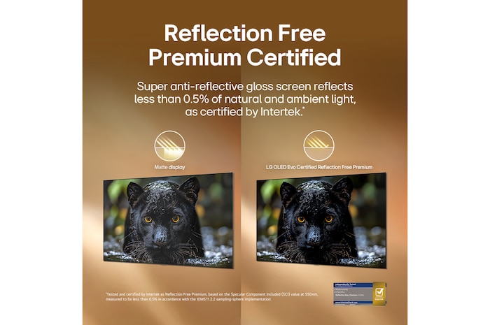 LG OLED evo AI G6 with Reflection Free Premium shows a side-by-side comparison against an anti-glare matte display, keeping the black jaguar image clear with deep blacks and fine texture, especially in bright environments, with an Intertek certification mark shown.