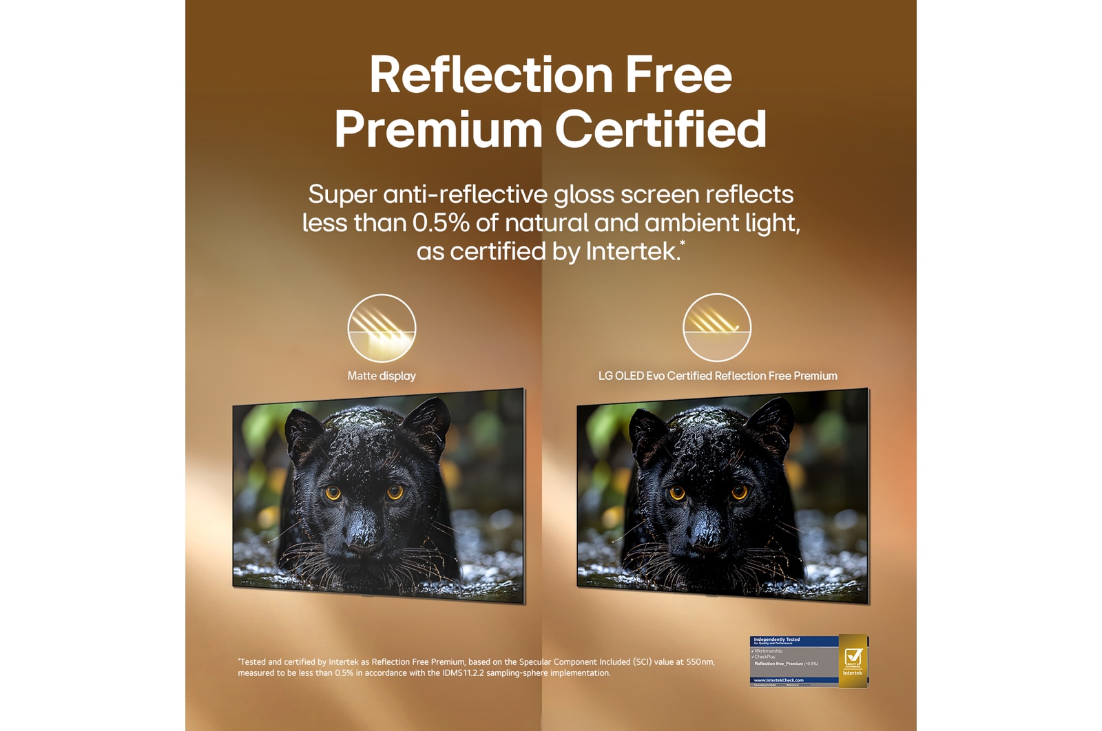 LG OLED evo AI G6 with Reflection Free Premium shows a side-by-side comparison against an anti-glare matte display, keeping the black jaguar image clear with deep blacks and fine texture, especially in bright environments, with an Intertek certification mark shown.