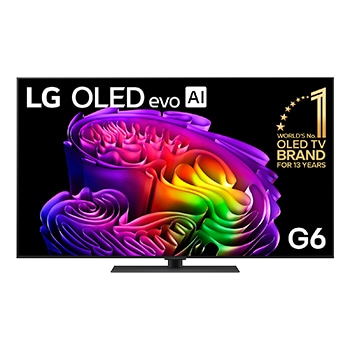 The front view of the LG OLED evo AI G6, released in 2026, displays an image of layered, multicolored forms, featuring Hyper Radiant Color Tech, Perfect Black & Perfect Color, along with the World’s No.1 OLED TV for 13 Years badge.