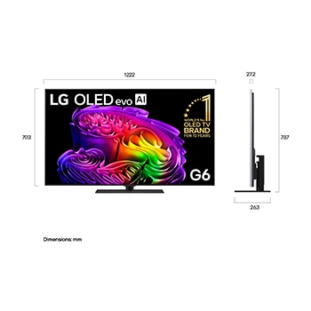 LG OLED evo AI G6 shown in front and side views highlights an 83-inch display with a 1847 mm-wide screen, 1057 mm screen height, 1115 mm height with stand, a 28 mm depth, and a stand footprint measuring 501 by 321 mm.