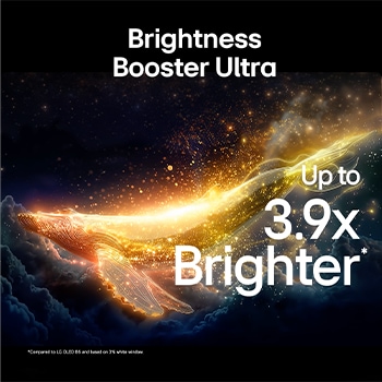 LG OLED evo AI G6 with Brightness Booster Ultra shows a dark scene where a brightly illuminated whale silhouette stands out amid glowing particles, delivering 3.9x Brighter luminance with clearer detail.