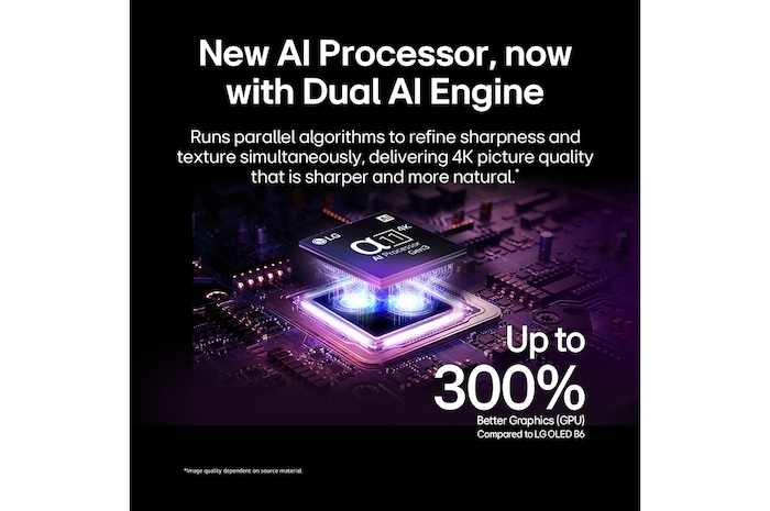 LG OLED evo G6 AI TV’s alpha 11 AI Processor 4K Gen3 glows in purple and blue light on a dark circuit board, highlighting the Dual AI Engine and delivering NPU up to x5.6 faster, CPU 50% faster, and GPU 70% stronger performance.