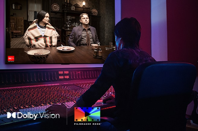 LG OLED evo AI C6 is shown in a studio as a director works at a control panel while editing a movie displayed on screen. The Dolby Vision and FILMMAKER MODE logos appear at the bottom left.