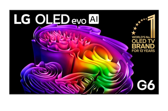 The front view of the LG OLED evo AI G6, released in 2026, displays an image of layered, multicolored forms, featuring Hyper Radiant Color Tech, Perfect Black & Perfect Color, along with the World’s No.1 OLED TV for 13 Years badge.