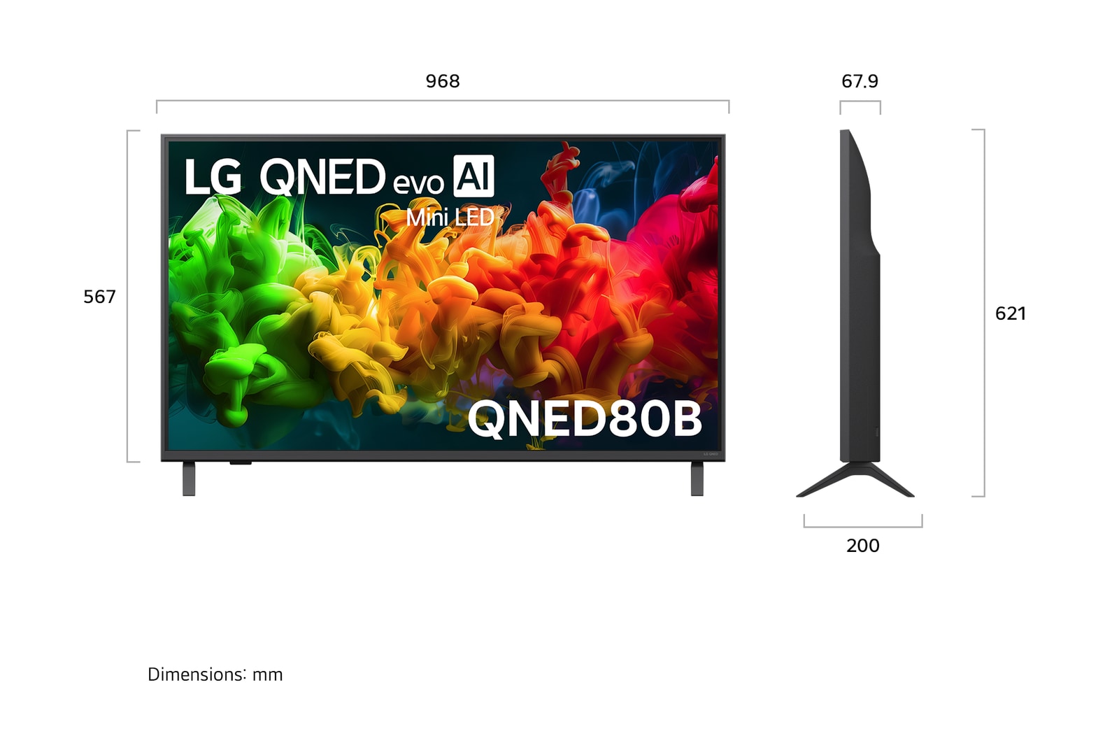 LG QNED evo AI QNED80 Mini LED shown in front and side views highlights a 65-inch display with a 1455 mm-wide screen, 841 mm screen height, 904 mm height with stand, a 67.9 mm profile depth, and a stand footprint measuring 1217 by 269 mm.