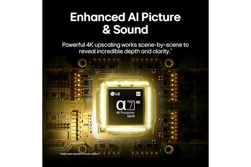 LG QNED evo AI QNED80 Mini LED’s alpha 7 AI Processor 4K Gen9 glows at the center of a yellow circuit board, highlighting smarter, more powerful AI processing that enhances 4K image clarity with improved contrast and depth.
