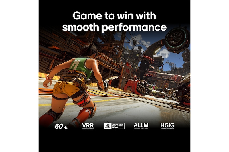 LG QNED evo AI QNED80 Mini LED for Ultimate Gameplay shows a high-speed racing scene with a comparison inset highlighting smoother motion through Motion Booster 120, while supporting 60Hz, VRR, AMD FreeSync, ALLM, HGiG, and GeForce NOW.