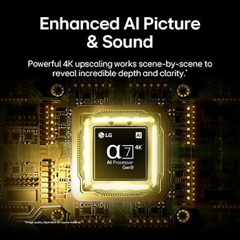 LG QNED evo AI QNED80 Mini LED’s alpha 7 AI Processor 4K Gen9 glows at the center of a yellow circuit board, highlighting smarter, more powerful AI processing that enhances 4K image clarity with improved contrast and depth.