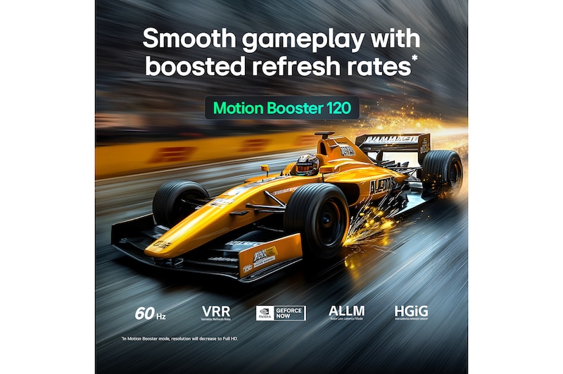 LG QNED evo AI QNED80 Mini LED for Ultimate Gameplay shows a high-speed racing scene with a comparison inset highlighting smoother motion through Motion Booster 120, while supporting 60Hz, VRR, AMD FreeSync, ALLM, HGiG, and GeForce NOW.