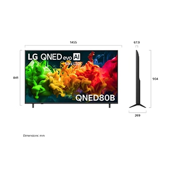 LG QNED evo AI QNED80 Mini LED shown in front and side views highlights a 65-inch display with a 1455 mm-wide screen, 841 mm screen height, 904 mm height with stand, a 67.9 mm profile depth, and a stand footprint measuring 1217 by 269 mm.