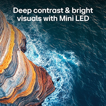 LG QNED evo AI QNED80 Mini LED highlights how its Mini LED reveals sharper rock textures and clearer ocean detail than conventional LED in a split coastal cliff scene, delivering deeper blacks and more refined contrast for greater clarity and depth.