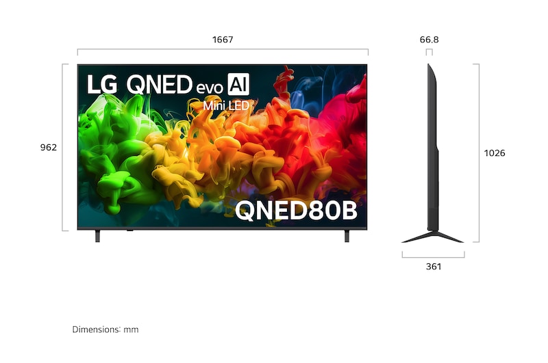 LG QNED evo AI QNED80 Mini LED shown in front and side views highlights an 85-inch display with a 1889 mm-wide screen, 1087 mm screen height, 1149 mm height with stand, a 67 mm profile depth, and a stand footprint measuring 1565 by 362 mm.
