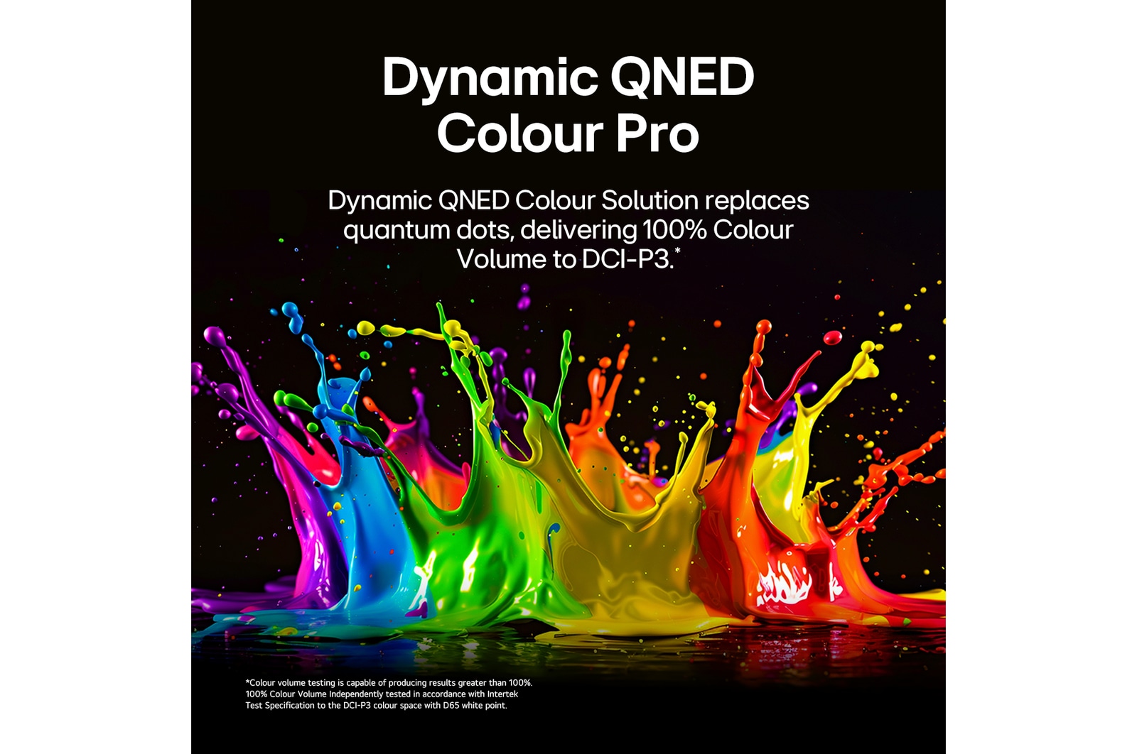 LG QNED evo AI QNED80 Mini LED with Dynamic QNED Color Pro fills the screen with vivid, fluid bursts of multicolored, paint-like motion, showcasing enhanced color vibrancy certified for 100% Color Volume.
