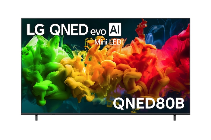 The front view of the LG QNED evo AI QNED80 Mini LED, released in 2026, displays vivid, fluid flows of multicolored motion on screen, featuring Dynamic QNED Color Pro, Mini LED, an α7 AI Processor 4K Gen9, webOS, and an 85-inch display.