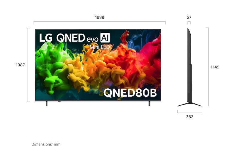 LG QNED evo AI QNED80 Mini LED shown in front and side views highlights an 85-inch display with a 1889 mm-wide screen, 1087 mm screen height, 1149 mm height with stand, a 67 mm profile depth, and a stand footprint measuring 1565 by 362 mm.