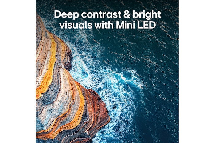 LG QNED evo AI QNED80 Mini LED highlights how its Mini LED reveals sharper rock textures and clearer ocean detail than conventional LED in a split coastal cliff scene, delivering deeper blacks and more refined contrast for greater clarity and depth.