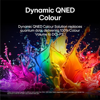 LG QNED AI QNED70 Mini LED with Dynamic QNED Color fills the screen with vivid, fluid bursts of multicolored, paint-like motion, showcasing enhanced color vibrancy certified for 100% Color Volume.