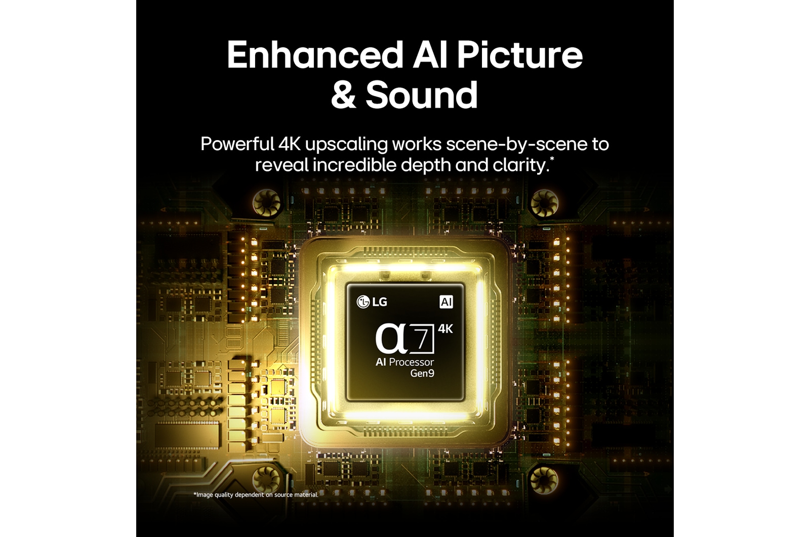 LG QNED AI QNED70 Mini LED’s alpha 7 AI Processor 4K Gen9 glows at the center of a yellow circuit board, highlighting smarter, more powerful AI processing that enhances 4K image clarity with improved contrast and depth.