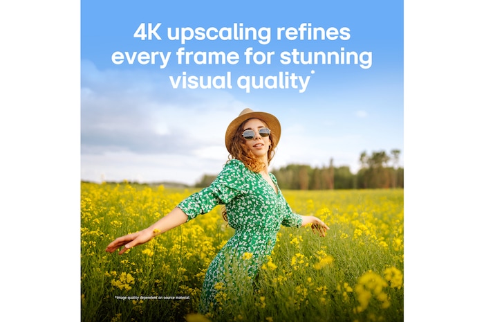 LG QNED AI QNED70 Mini LED with 4K Super Upscaling and Dynamic Tone Mapping shows a low-angle outdoor scene of a man between colorful buildings, as AI recognizes the scene and upscales each frame to 4K resolution.