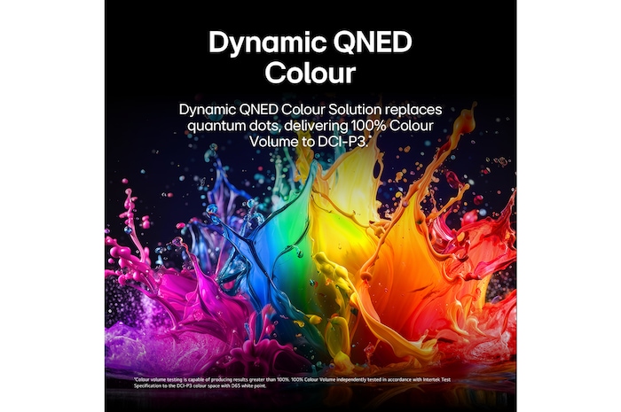 LG QNED AI QNED70 Mini LED with Dynamic QNED Color fills the screen with vivid, fluid bursts of multicolored, paint-like motion, showcasing enhanced color vibrancy certified for 100% Color Volume.