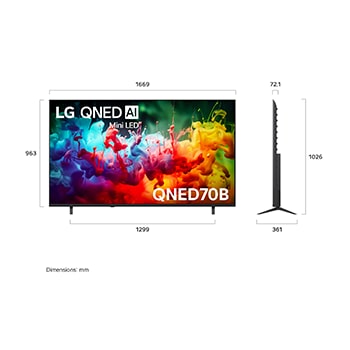 LG QNED AI QNED70 Mini LED shown in front and side views highlights an 85-inch display with a 1890 mm-wide screen, 1088 mm screen height, 1148 mm height with stand, a 72.4 mm profile depth, and a stand footprint measuring 1565 by 362 mm.