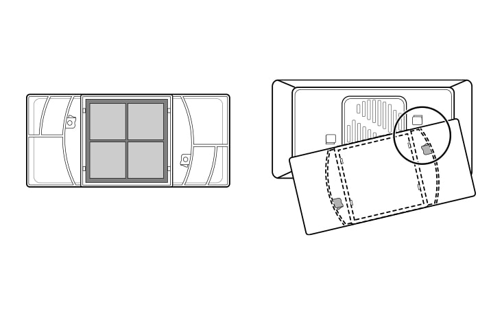 Place the new filter inside of the cover with the side that says FRONT facing outward Align tabs on the filter cover with hooks on the refrigerator wall