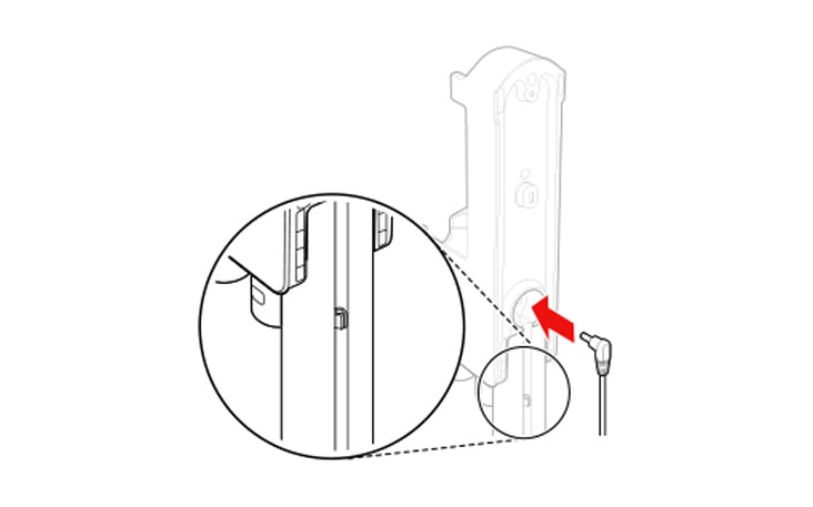 After connecting the adapter to the back of the charging station plug the power plug into an outlet You can organize the power cord by inserting it into the cord keeper on the back of the floor stand pipe
