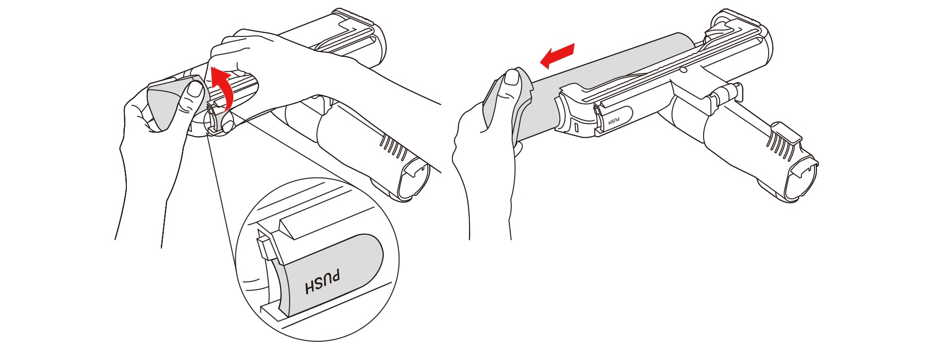 Turn the nozzle upside down and remove the rotating brush while holding down the PUSH button on the nozzle