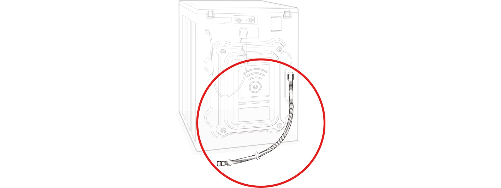 The drain hose is located on the back of the washing machine