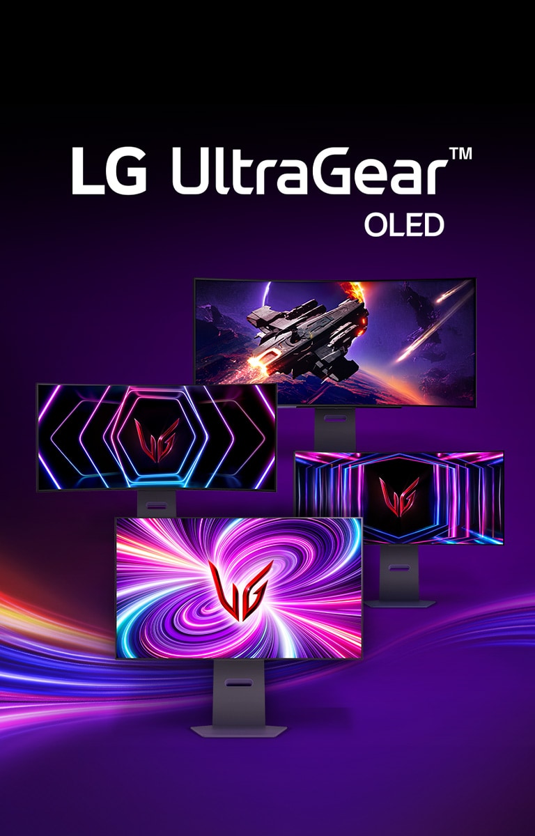 Image of multiple UltraGear monitors on purple background