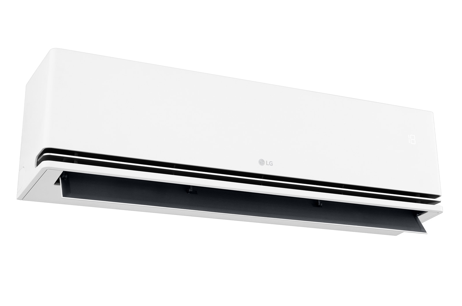 Angled top-front view of LG ai air conditioner with its top panel and grille visible