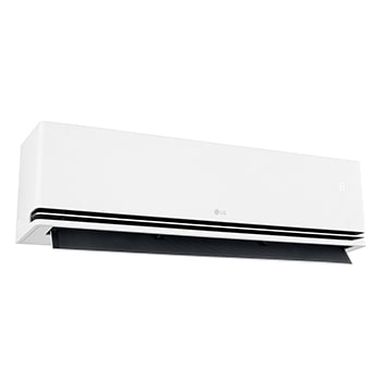 Left low-angle front view of LG ai air conditioner with open lower vane