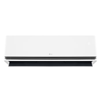 LG Dual Vane air conditioner shown in a living room. Cool air flows upward on the left. The accompanying text reads: 'DUAL Vane spreads airflow up or down, further and faster, for ideal comfort in any season.'