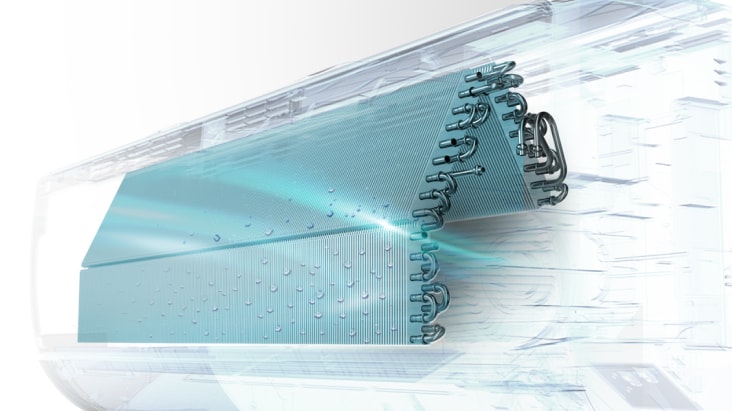 Illustration of an air conditioner’s heat exchanger with Auto Clean+ for enhanced airflow and moisture removal.