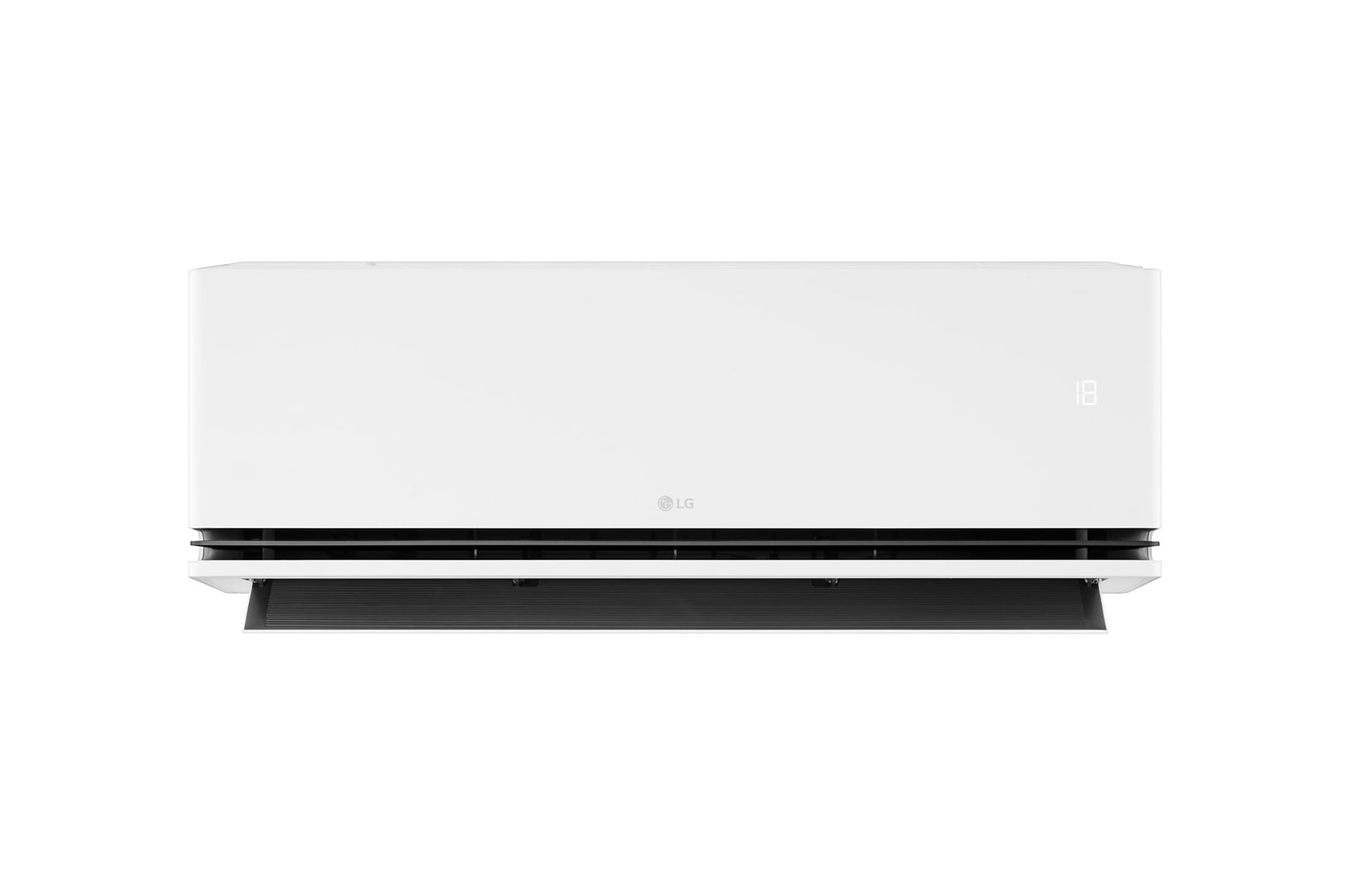 Front view of an LG air conditioner with the lower vane open