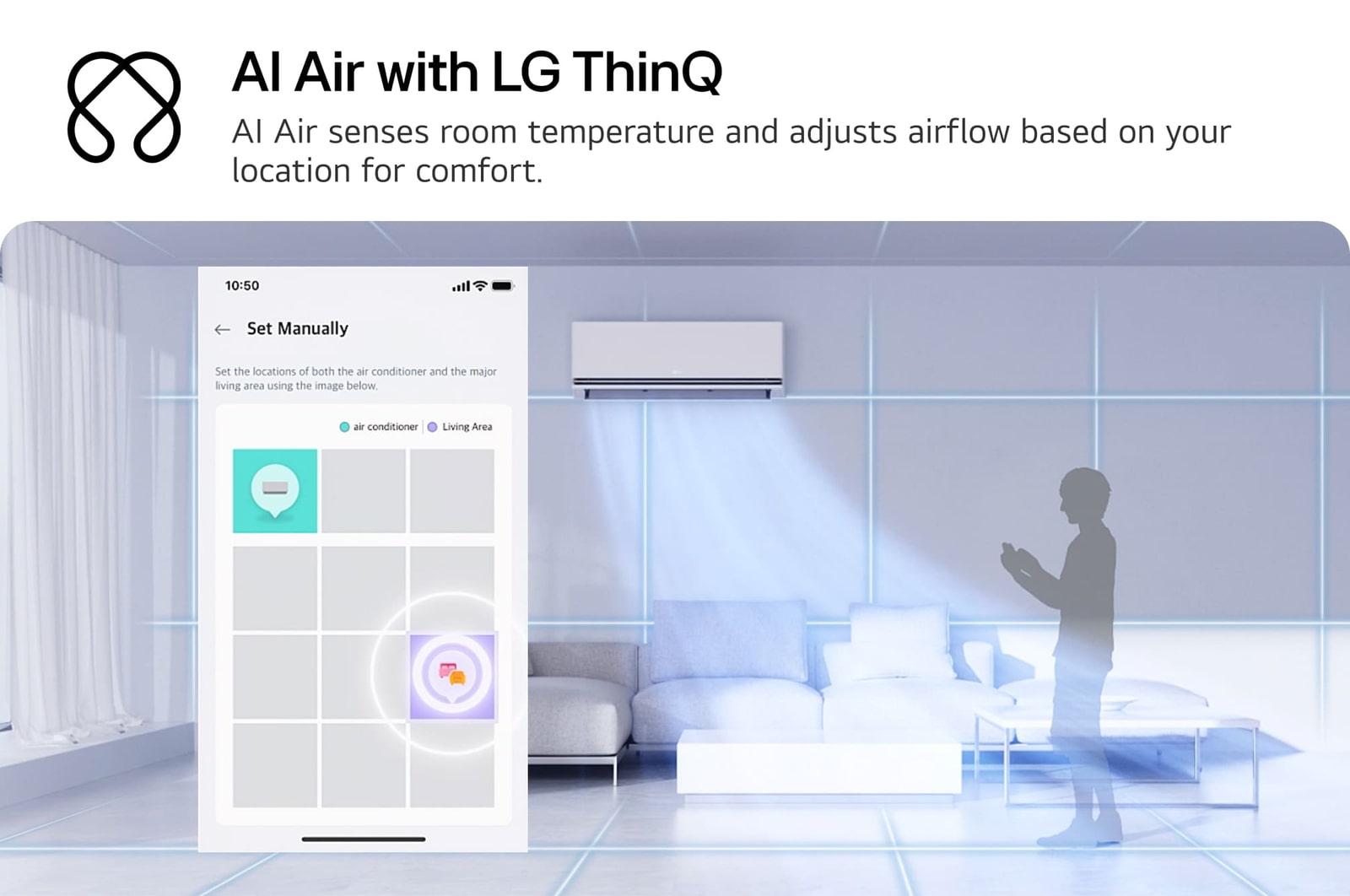 Illustration of LG AI Air technology in a living room with a wall-mounted air conditioner. The system adjusts airflow by sensing room temperature and user location. The accompanying text reads: 'AI Air with LG ThinQ: AI Air senses room temperature and adjusts airflow based on your location for comfort.'