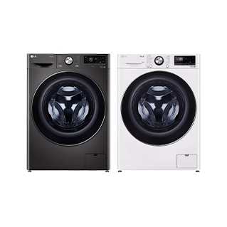 The image shows a white and black washing machine