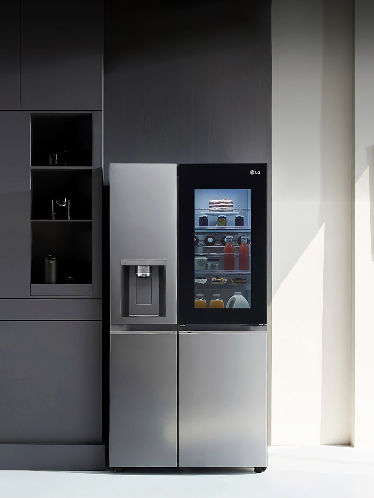 This is an image showing the Instaview French Door fridge in stainless finish