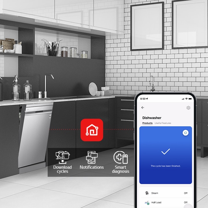 Overall view of a modern kitchen featuring an LG free-standing dishwasher, demonstrating how the LG ThinQ app works with three features: Download Cycles, Notification, and Smart Diagnosis.