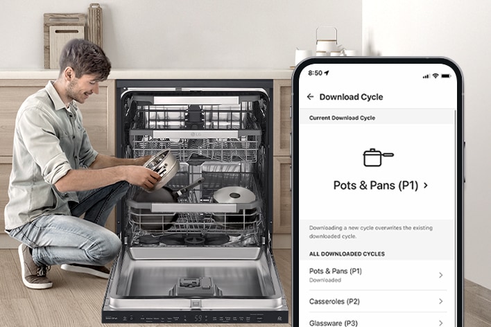 A man is holding a pot next to an LG free-standing dishwasher, while the LG ThinQ app displays the entire cleaning cycle for pots and pans.