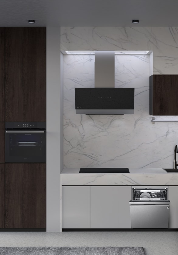 A kitchen with the LG free-standing dishwasher, oven, hood, and induction hob installed.