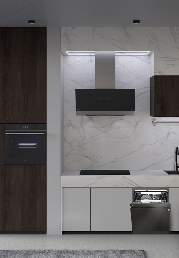 A kitchen with the LG free-standing dishwasher, oven, hood, and induction hob installed.