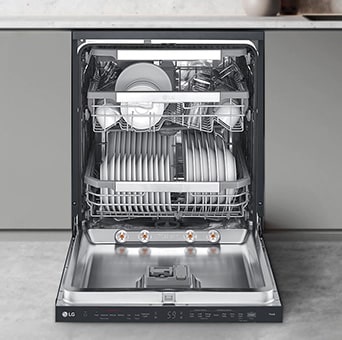 Displays the spacious design of the LG free-standing dishwasher, accommodating a variety of dishes