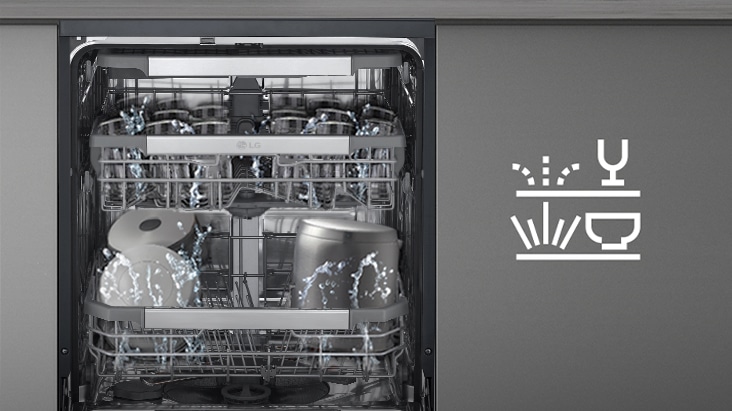 Interior of LG free-standing dishwasher with upper rack washing gently and lower rack washing powerfully.