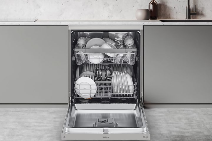 Showcasing how to adjust lg free-standing dishwasher racks to fit various types of dishes.