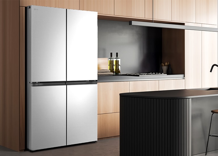 Modern kitchen interior with InstaView fridge.