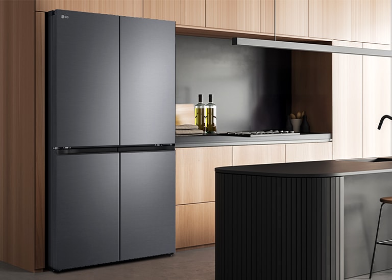 Modern kitchen interior with InstaView fridge.